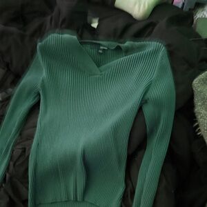 Basic Editions Teal V-Neck Ribbed Sweater